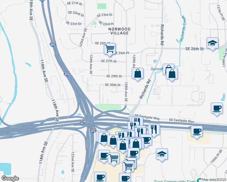 map of restaurants, bars, coffee shops, grocery stores, and more near 3035 128th Avenue Southeast in Bellevue