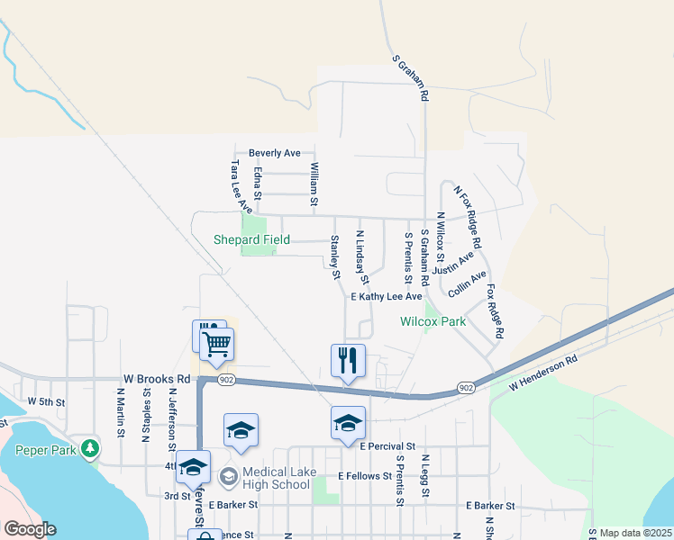 map of restaurants, bars, coffee shops, grocery stores, and more near 1007 Stanley Street in Medical Lake