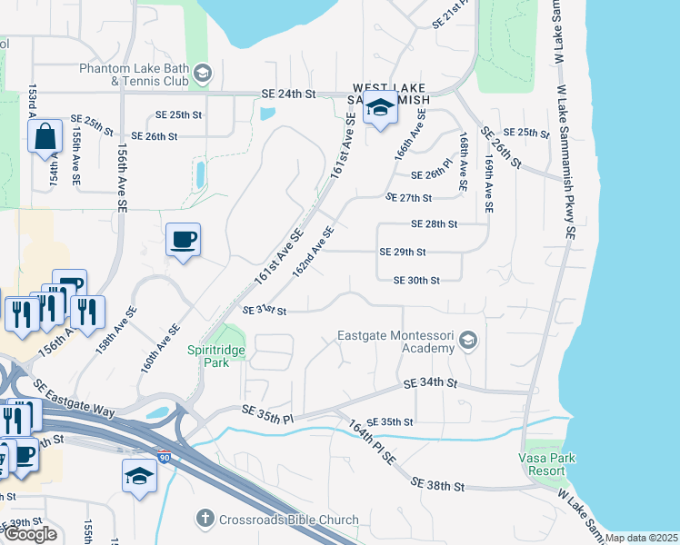 map of restaurants, bars, coffee shops, grocery stores, and more near 16226 Southeast 29th Place in Bellevue