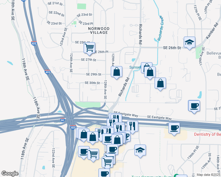 map of restaurants, bars, coffee shops, grocery stores, and more near 3058 128th Avenue Southeast in Bellevue