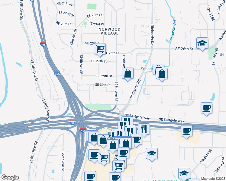 map of restaurants, bars, coffee shops, grocery stores, and more near 3035 128th Avenue Southeast in Bellevue