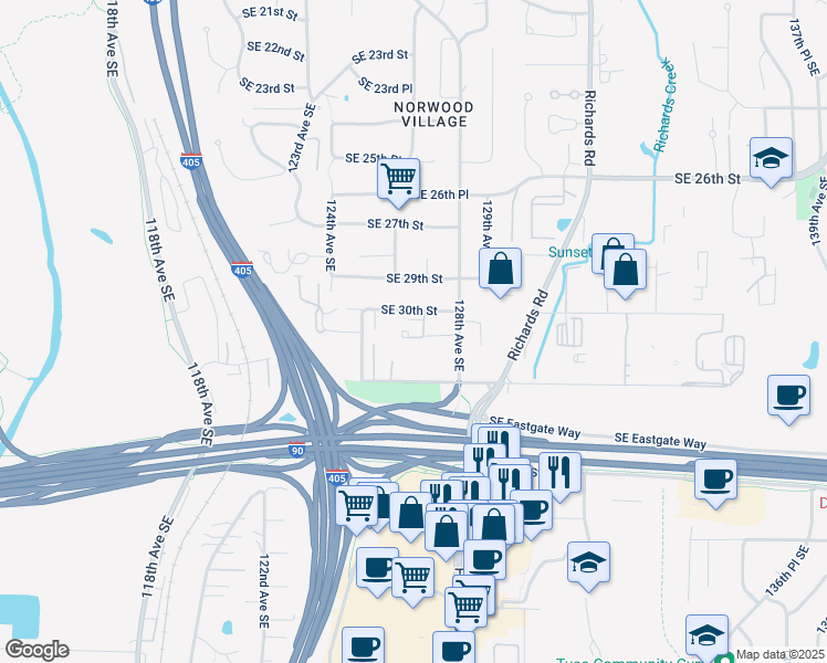 map of restaurants, bars, coffee shops, grocery stores, and more near 3035 128th Avenue Southeast in Bellevue