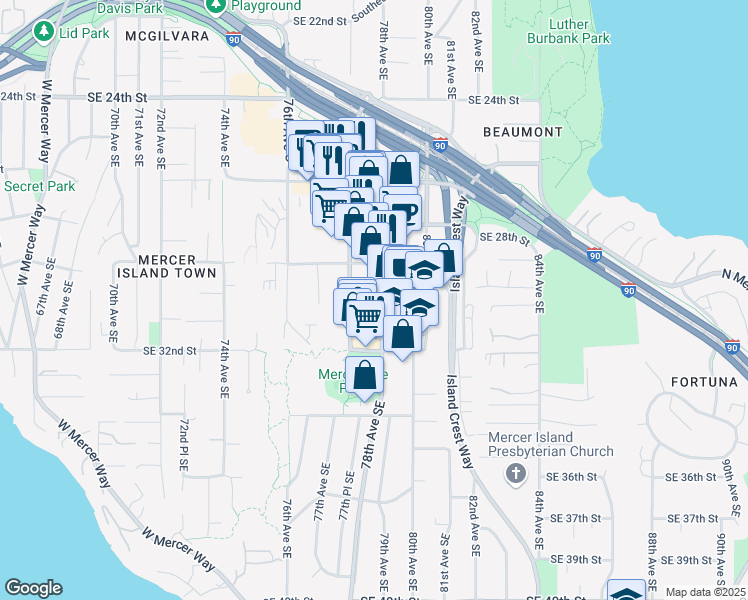 map of restaurants, bars, coffee shops, grocery stores, and more near in Mercer Island