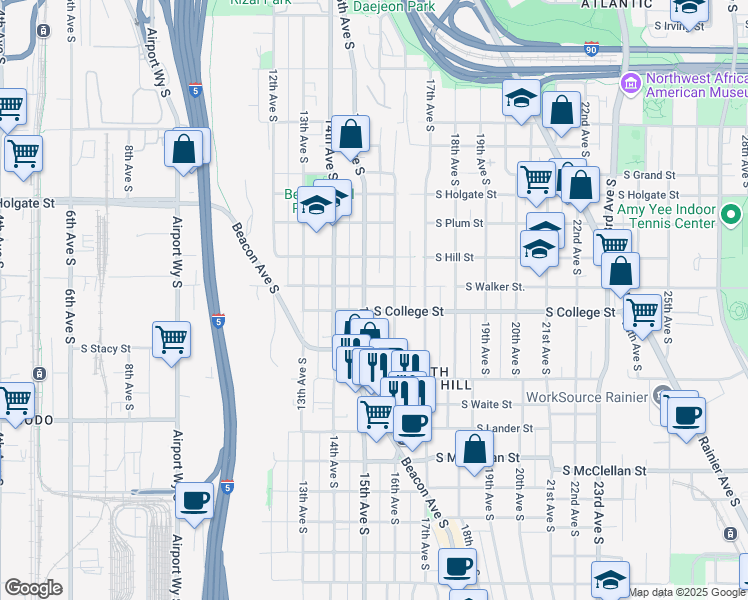 map of restaurants, bars, coffee shops, grocery stores, and more near 2302 15th Avenue South in Seattle