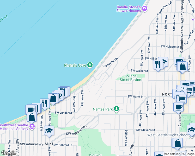map of restaurants, bars, coffee shops, grocery stores, and more near 2344 Halleck Avenue Southwest in Seattle