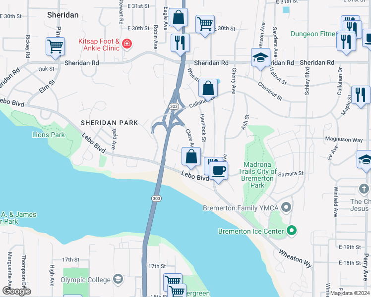 map of restaurants, bars, coffee shops, grocery stores, and more near 2707 Clare Avenue in Bremerton
