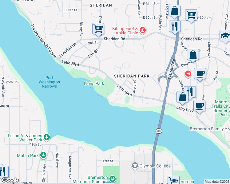 map of restaurants, bars, coffee shops, grocery stores, and more near 2475 Stephenson Avenue in Bremerton