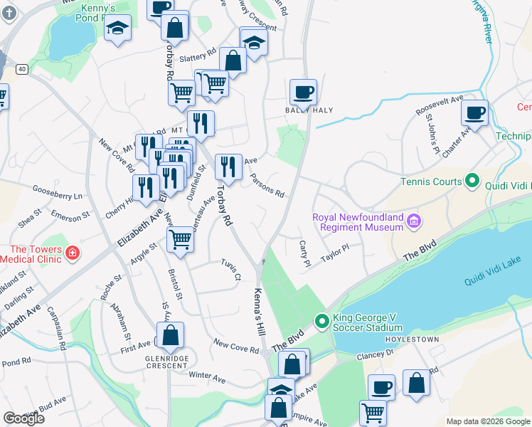 map of restaurants, bars, coffee shops, grocery stores, and more near Derby Place in Saint John's