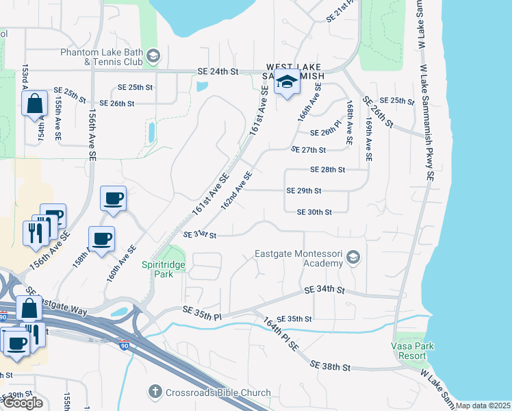 map of restaurants, bars, coffee shops, grocery stores, and more near 16226 Southeast 29th Place in Bellevue