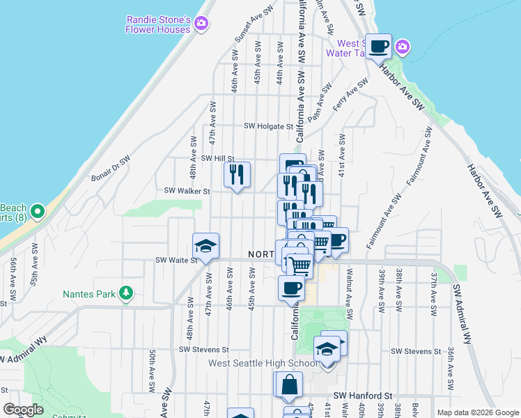 map of restaurants, bars, coffee shops, grocery stores, and more near 2222 45th Avenue Southwest in Seattle