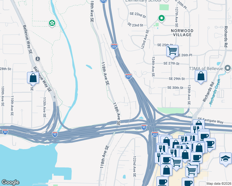 map of restaurants, bars, coffee shops, grocery stores, and more near 3080 118th Avenue Southeast in Bellevue