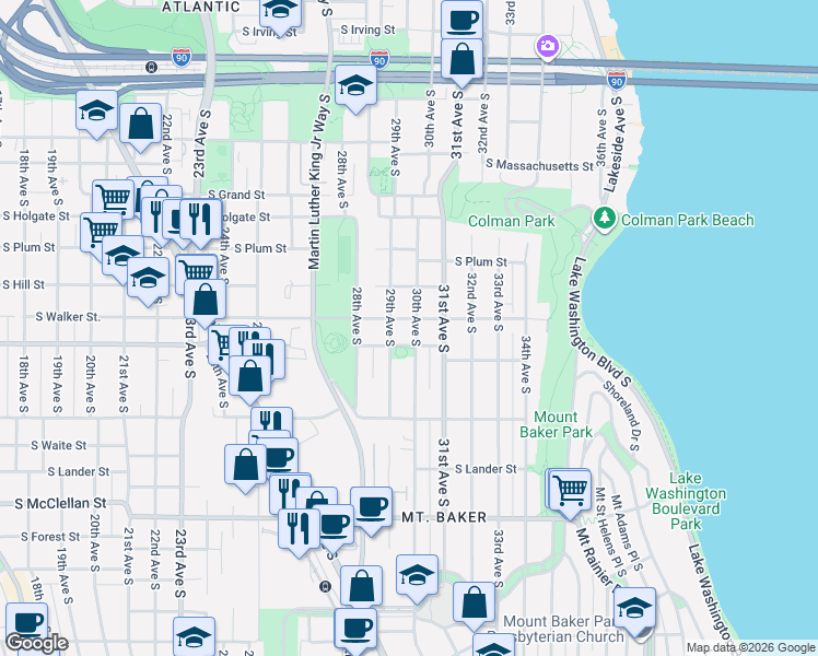 map of restaurants, bars, coffee shops, grocery stores, and more near 2915 South College Street in Seattle