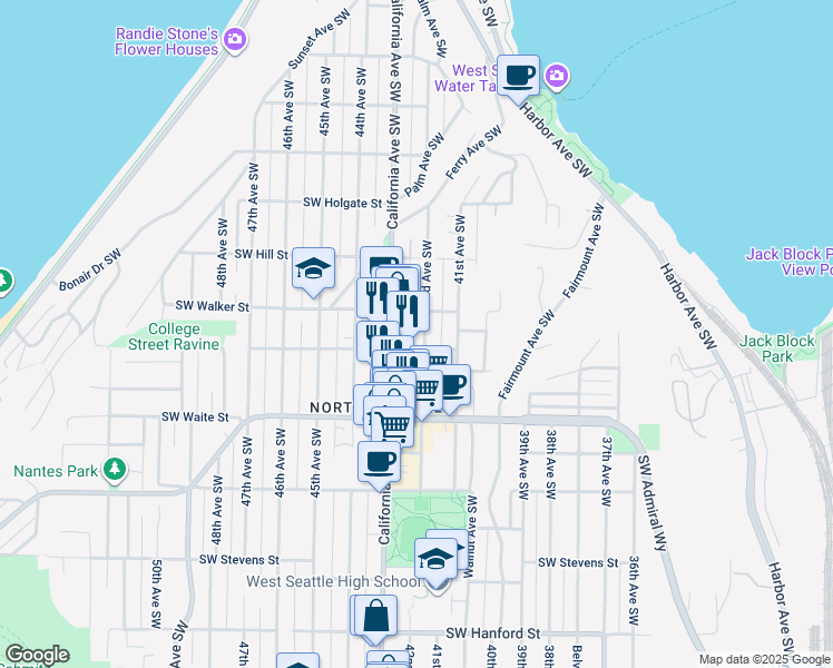 map of restaurants, bars, coffee shops, grocery stores, and more near 4118 Southwest College Street in Seattle