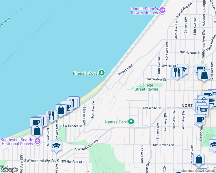 map of restaurants, bars, coffee shops, grocery stores, and more near 2344 Halleck Avenue Southwest in Seattle