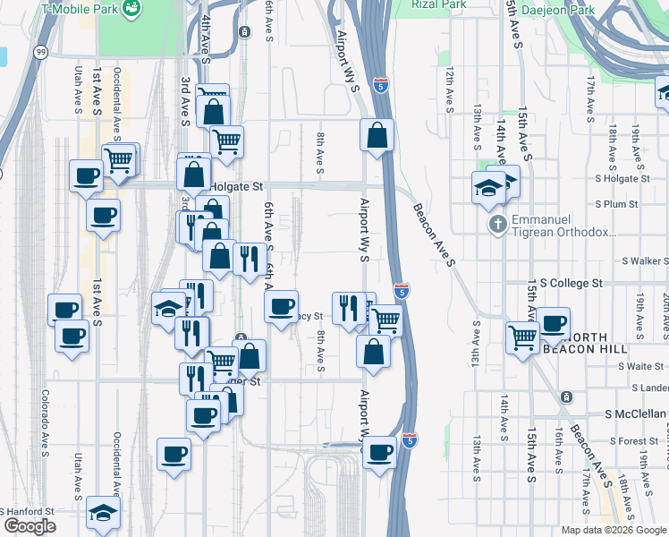 map of restaurants, bars, coffee shops, grocery stores, and more near 2203 Airport Way South in Seattle