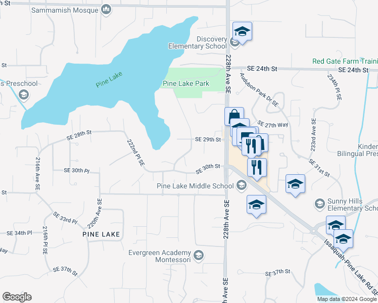 map of restaurants, bars, coffee shops, grocery stores, and more near 226th Avenue Southeast in Sammamish