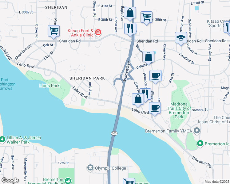 map of restaurants, bars, coffee shops, grocery stores, and more near 567 Juniper Street in Bremerton