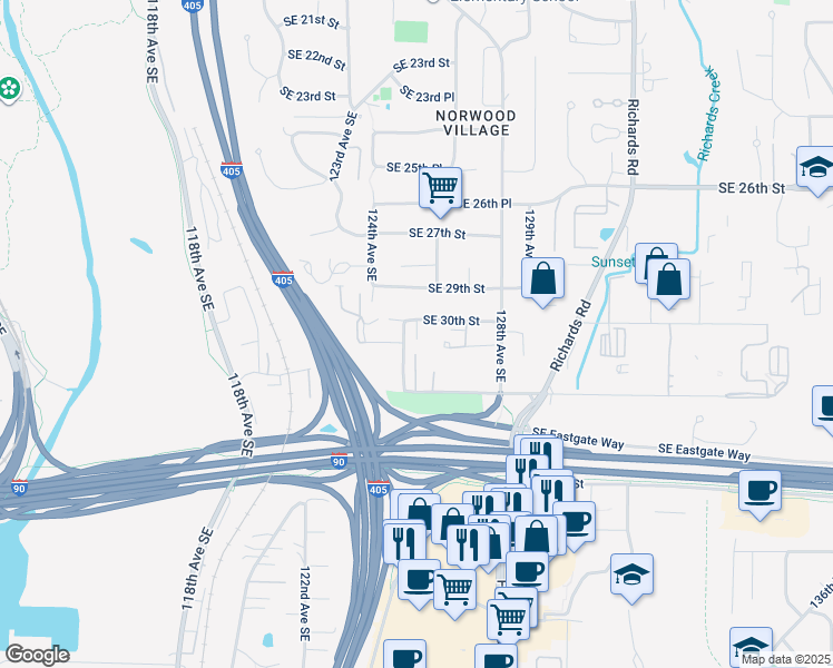 map of restaurants, bars, coffee shops, grocery stores, and more near 3025 127th Place Southeast in Bellevue