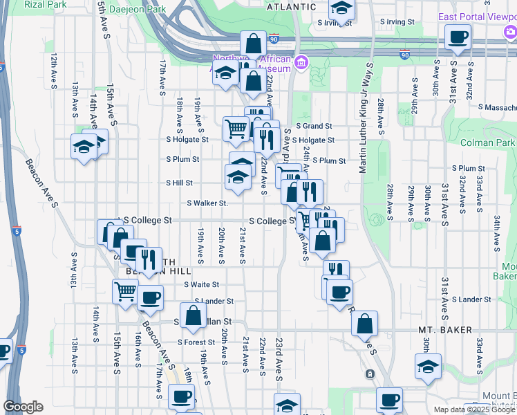 map of restaurants, bars, coffee shops, grocery stores, and more near 2302 22nd Avenue South in Seattle