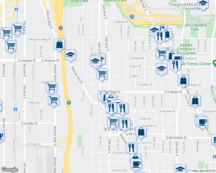 map of restaurants, bars, coffee shops, grocery stores, and more near 2302 15th Avenue South in Seattle
