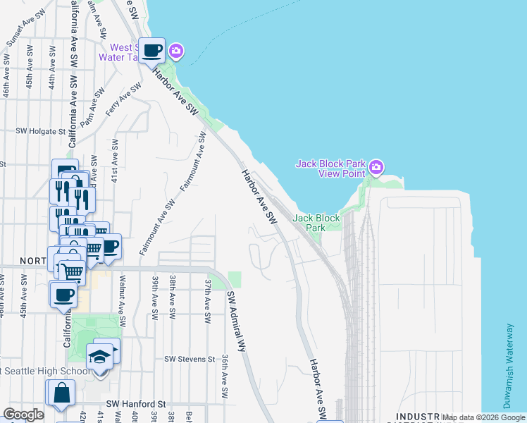 map of restaurants, bars, coffee shops, grocery stores, and more near 2287 Harbor Avenue Southwest in Seattle