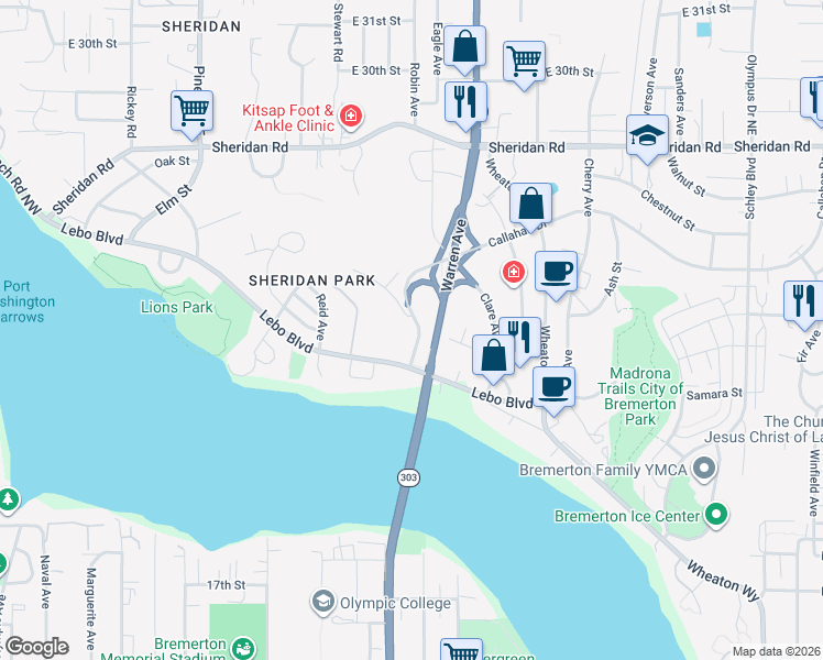map of restaurants, bars, coffee shops, grocery stores, and more near 579 Juniper Street in Bremerton