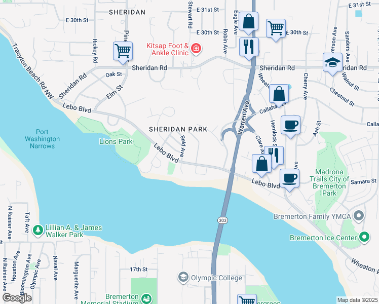 map of restaurants, bars, coffee shops, grocery stores, and more near 510 Lebo Boulevard in Bremerton