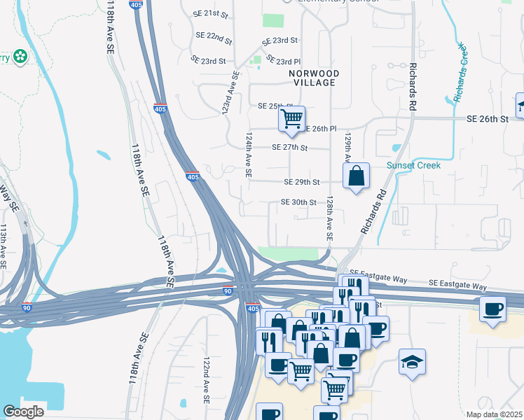 map of restaurants, bars, coffee shops, grocery stores, and more near 3005 125th Avenue Southeast in Bellevue