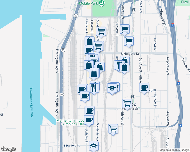 map of restaurants, bars, coffee shops, grocery stores, and more near 2230 1st Ave S in Seattle