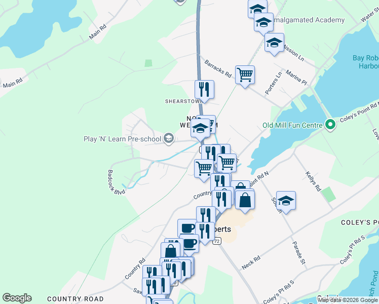 map of restaurants, bars, coffee shops, grocery stores, and more near Shea Place in Coley's Point South