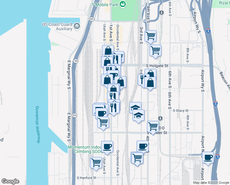 map of restaurants, bars, coffee shops, grocery stores, and more near 2200 1st Avenue South in Seattle