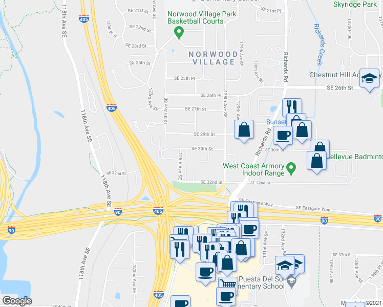 map of restaurants, bars, coffee shops, grocery stores, and more near 3025 127th Place Southeast in Bellevue