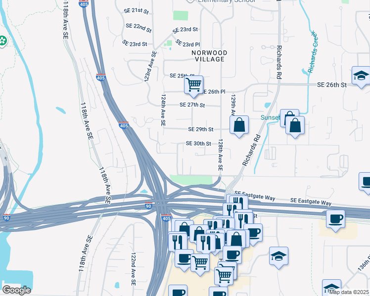 map of restaurants, bars, coffee shops, grocery stores, and more near 3025 127th Place Southeast in Bellevue