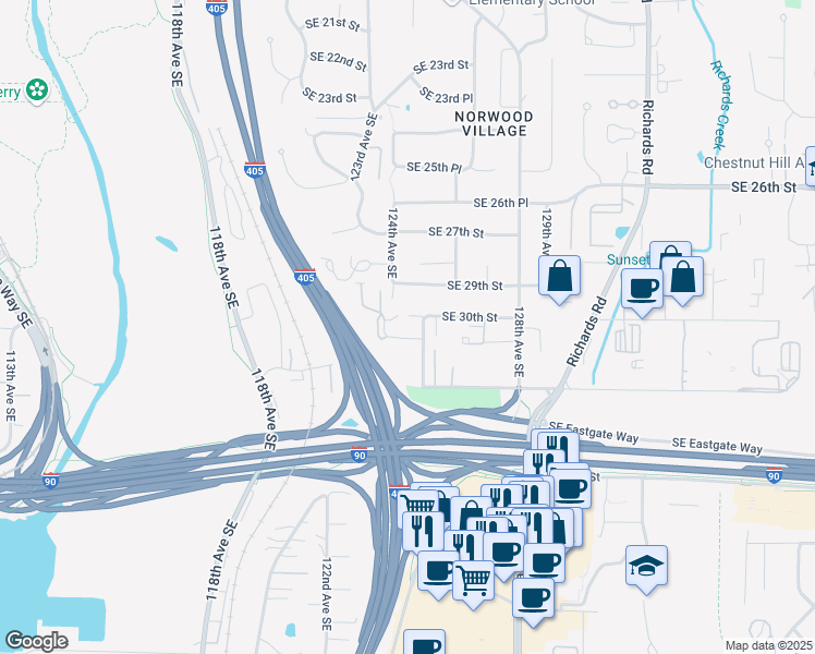 map of restaurants, bars, coffee shops, grocery stores, and more near 3105 125th Avenue Southeast in Bellevue