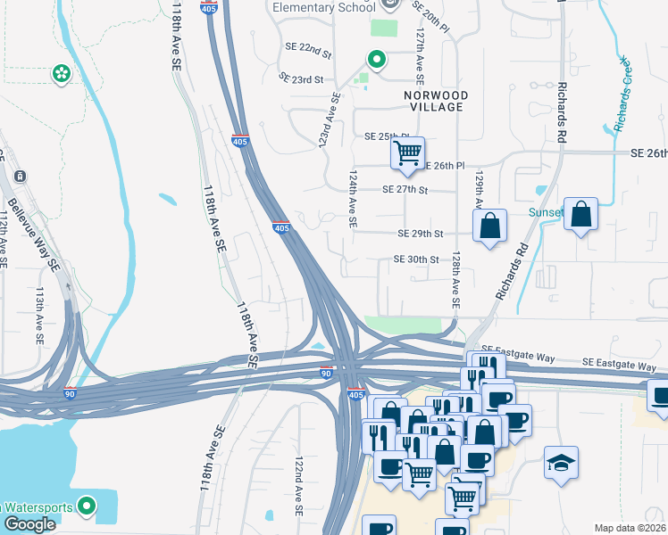 map of restaurants, bars, coffee shops, grocery stores, and more near 3050 125th Avenue Southeast in Bellevue