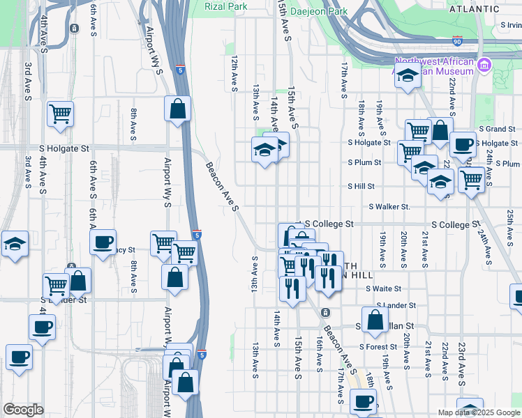 map of restaurants, bars, coffee shops, grocery stores, and more near 2216 13th Avenue South in Seattle