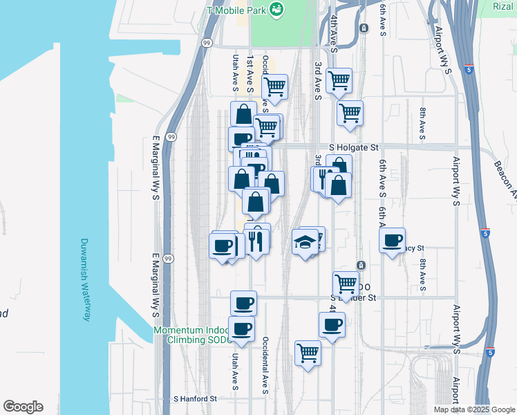 map of restaurants, bars, coffee shops, grocery stores, and more near 2230 1st Ave S in Seattle