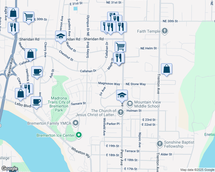 map of restaurants, bars, coffee shops, grocery stores, and more near 2544 Fir Avenue in Bremerton