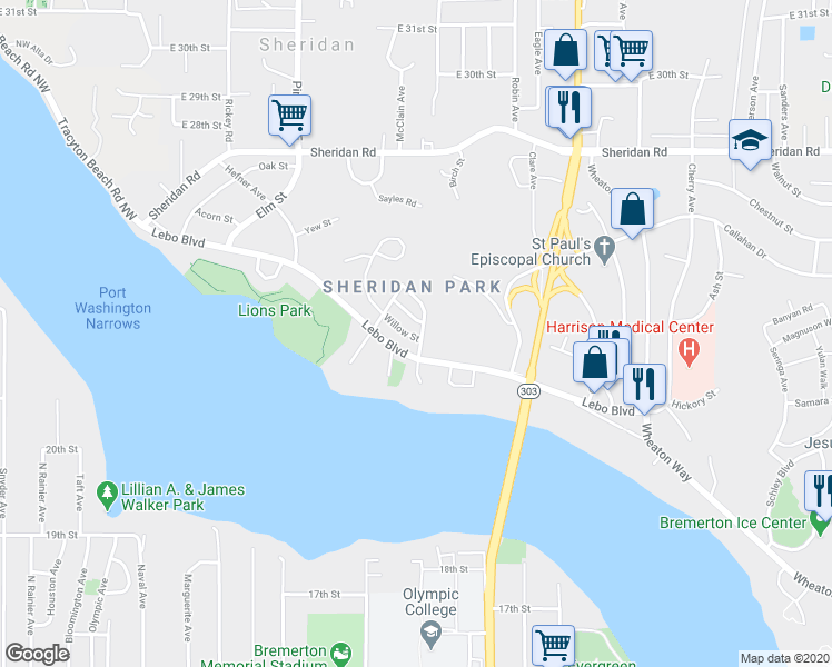 map of restaurants, bars, coffee shops, grocery stores, and more near 510 Lebo Boulevard in Bremerton