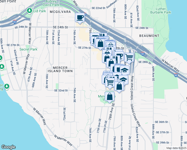 map of restaurants, bars, coffee shops, grocery stores, and more near 2920 76th Avenue Southeast in Mercer Island