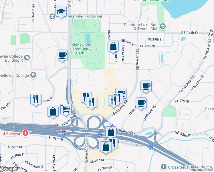 map of restaurants, bars, coffee shops, grocery stores, and more near 15355 Southeast 30th Place in Bellevue