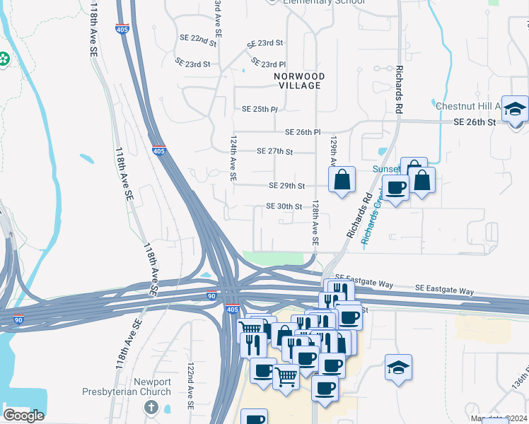 map of restaurants, bars, coffee shops, grocery stores, and more near 12521 Southeast 30th Street in Bellevue