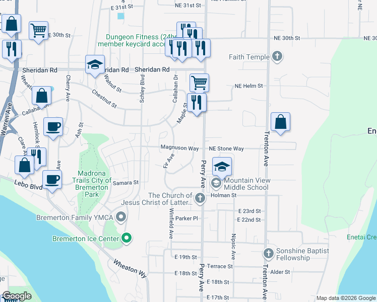 map of restaurants, bars, coffee shops, grocery stores, and more near 2509 Fir Avenue in Bremerton
