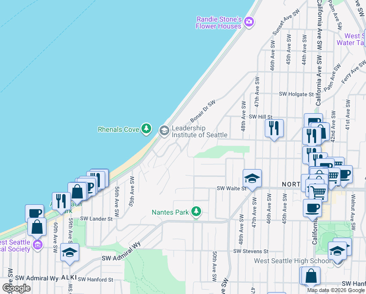 map of restaurants, bars, coffee shops, grocery stores, and more near 2312 Hughes Avenue Southwest in Seattle