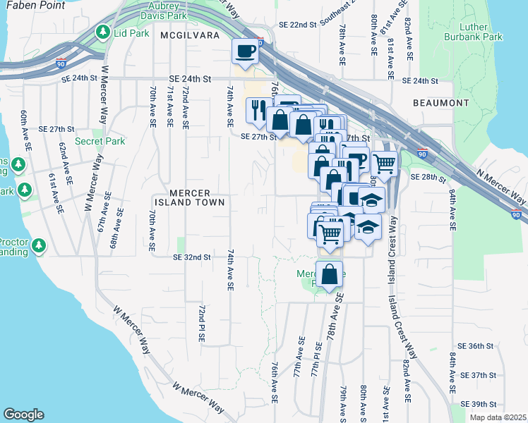 map of restaurants, bars, coffee shops, grocery stores, and more near 2929 76th Avenue Southeast in Mercer Island