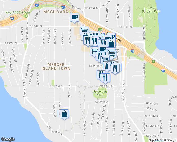 map of restaurants, bars, coffee shops, grocery stores, and more near 7639 Southeast 29th Street in Mercer Island