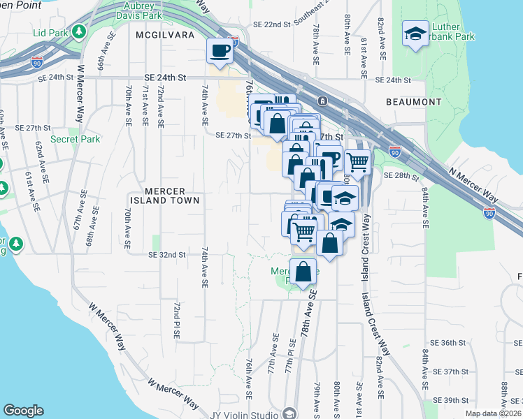 map of restaurants, bars, coffee shops, grocery stores, and more near 2920 76th Avenue Southeast in Mercer Island