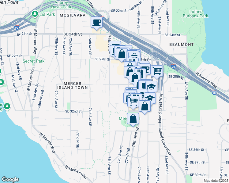 map of restaurants, bars, coffee shops, grocery stores, and more near 2920 76th Avenue Southeast in Mercer Island