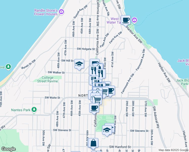 map of restaurants, bars, coffee shops, grocery stores, and more near 2301 California Avenue Southwest in Seattle