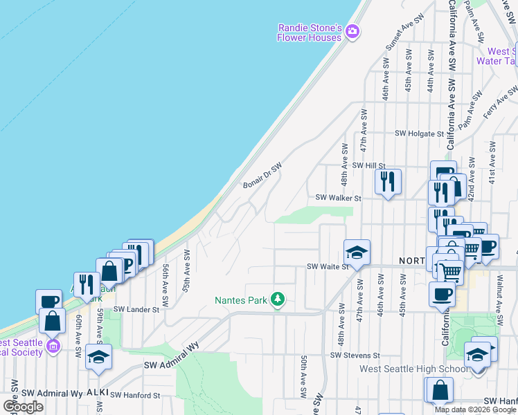 map of restaurants, bars, coffee shops, grocery stores, and more near 2312 Hughes Avenue Southwest in Seattle